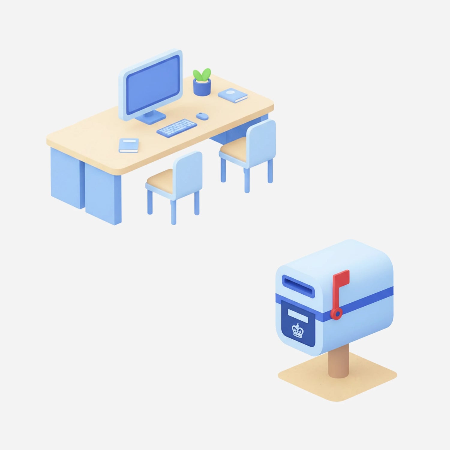 3D Bild von einem Briefkasten und einem Coworking Tisch